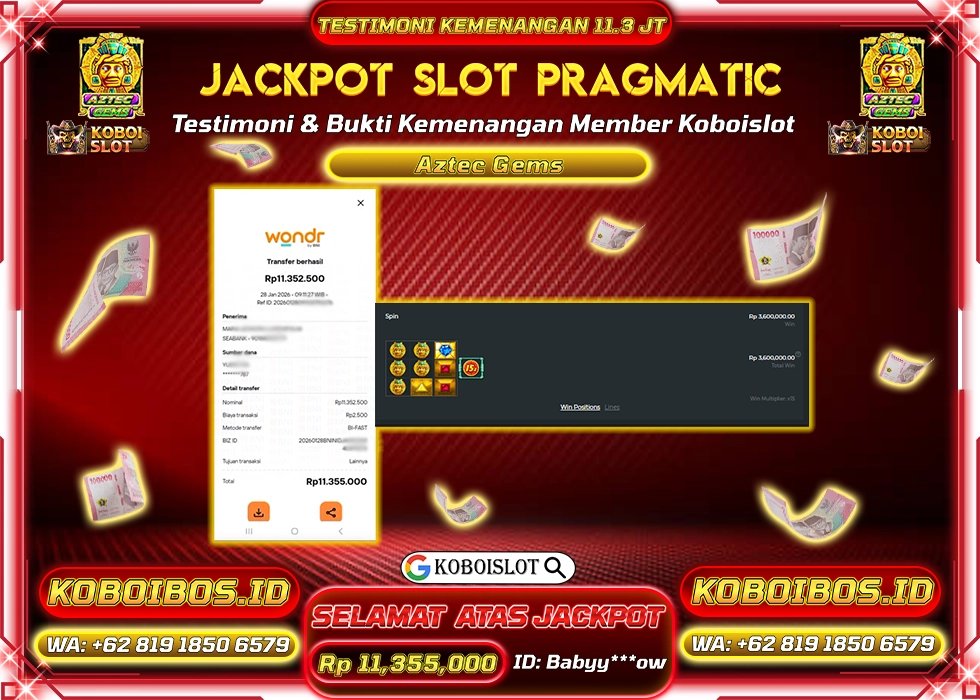 BUKTI KEMENANGAN SLOT GACOR AZTEC GEMS Rp11.355.000,- LUNAS